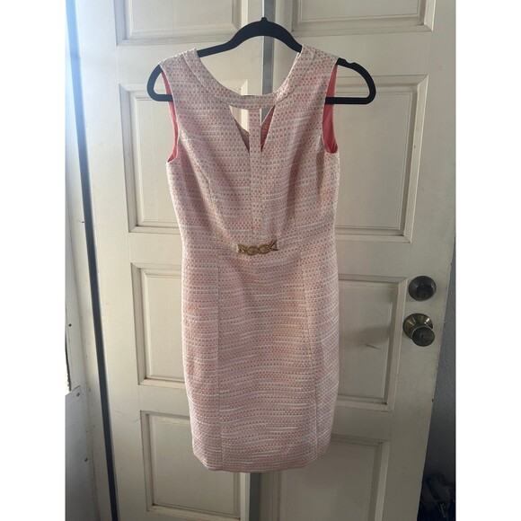 Tahari Women's Stitch Tweed Cut Out Faux Gold Hardware Belt Sheath Dress 2 - Picture 2 of 6